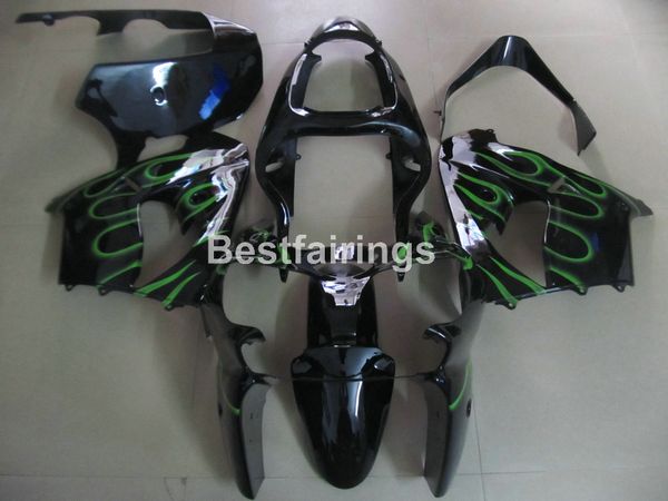 Ücretsiz 7 hediyeler Kawasaki Ninja ZX9R 2000 2001 için Fairing kiti yeşil alevler siyah motosiklet fairings seti ZX9R 00 01 PJ24