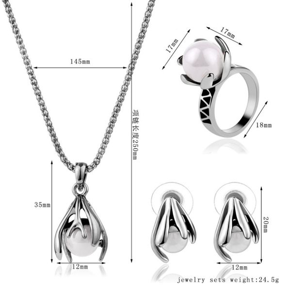 

party jewelry set earrings necklaces rings vintage luxury quality pearls antique silver plated flowers 3-piece set wedding jewelry, Slivery;golden