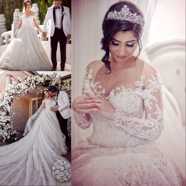 

lace long sleeves bridal dress with 3-meters tail sheer neckline lace appliques wedding gowns 2017 custom made charming wedding dresses, White