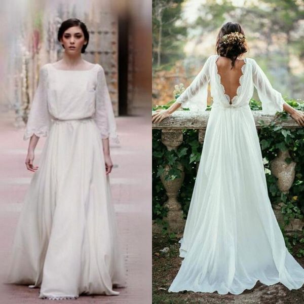 

country style bohemian wedding dress a line boho bridal gowns bateau neck bell sleeves lace edge backless wedding dresses, White