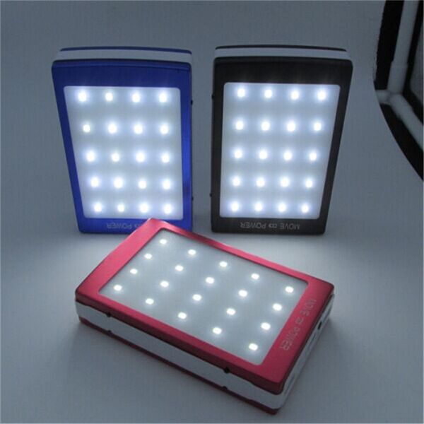 

solar power bank 20000mah dual usb solar charger battery with 20pcs led lamps at back side for camping lighting for phones