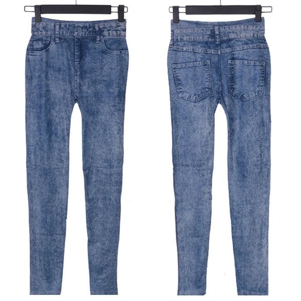 

wholesale- trendy lady girl blue faux jean skinny jeggings stretchy slim pants stars plus size for women jeans clothing