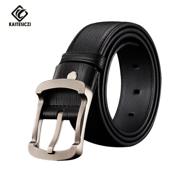 

wholesale- [kaitesiczi] men's needle buckle leather belts 2017 new casual fashion jeans belt 100% pure leather belt stripes belt, Black;brown