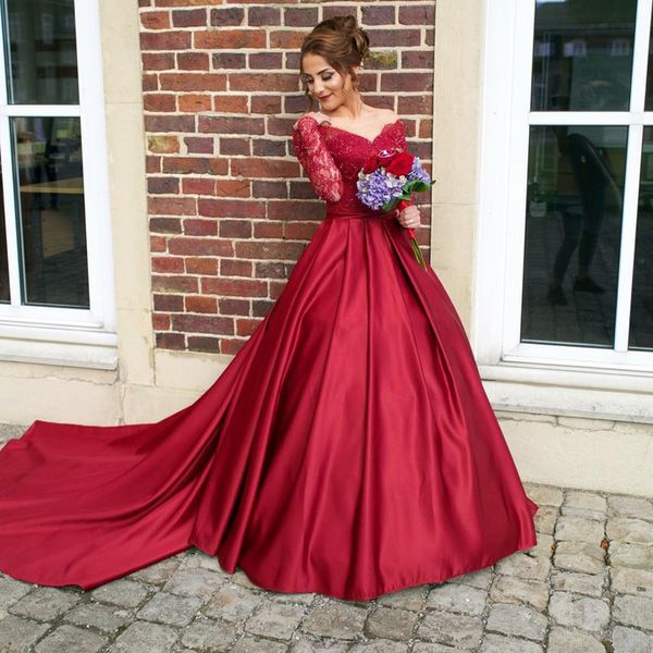 Vermelho manga comprida cetim vestido de casamento bola vestido fora do ombro v pescoço lace applique mulheres frisadas vestido formal para casamentos e eventos