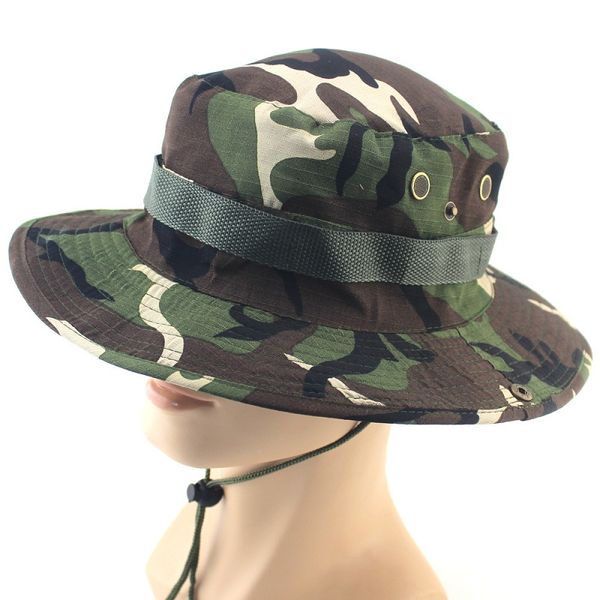 2017 neue Männer Camouflage Druck Eimer Hut Breite Krempe Militär Hüte Kinnriemen Angeln Cap Camping Jagd Caps Sonnenschutz