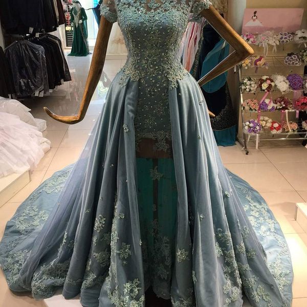 

charming amazing crystal bead lace appliqued luxury evening dresses prom wear court train ball gown gorgeous evening gowns cap sleeve 2017, Black