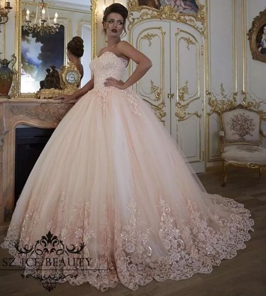 

blush vintage sweetheart wedding dresses turkey lace appliqued sequins tulle ball gown puffy bridal gowns 2017 custom made wedding gowns, White