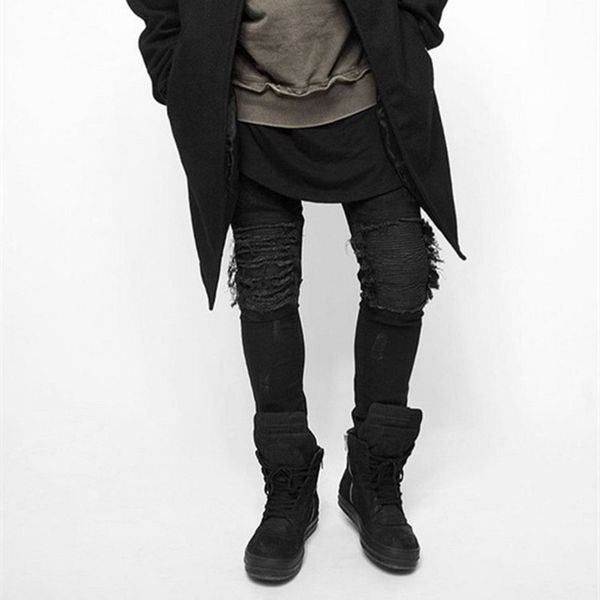 

wholesale- black mens ripped skinny biker jeans elastic stretch motorcycle jeans for men vintage distressed denim jeans pants, Blue