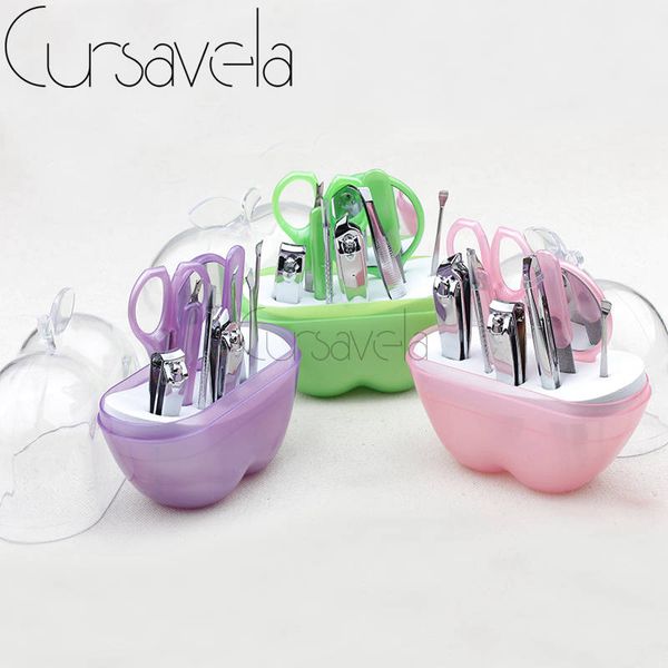 

wholesale- cursavela apple nail tool set beauty art manicure kit small makeup plastic box with 9pcs set clipper mirror scissor steel ec0114