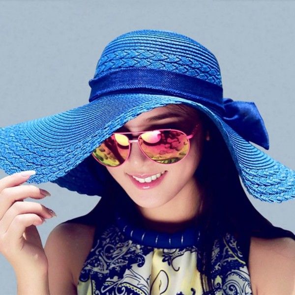 

fashion 12 colors women bowknot wide brim summer beach sun hat lady vacation straw cap, Blue;gray