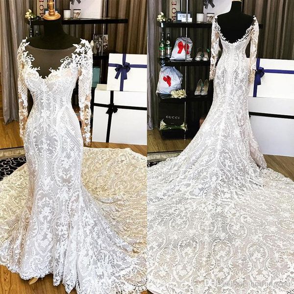 

с длинным рукавом арабский русалка свадебные платья кружева аппликация суд поезд свадебные платья sheer шеи рыбий хвост свадебное платье, White