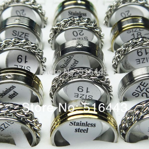 

promotion 50pcs silver gold stainless steel rhinestones women mens fashion spin chain rings wholesale jewelry lots a-148, Golden;silver