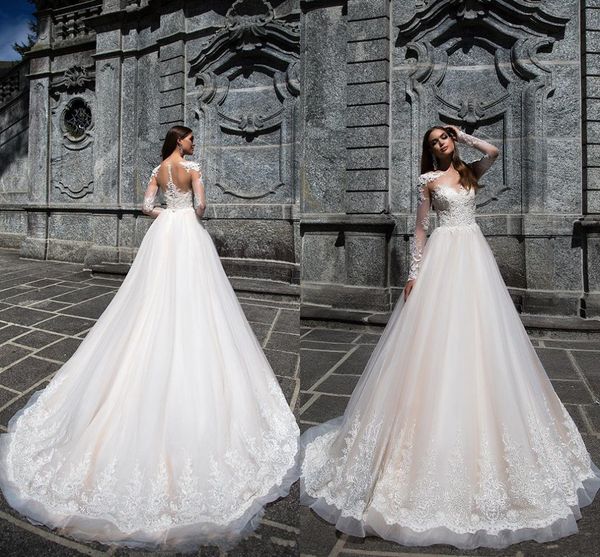 

sheer long sleeve a line tulle beach wedding dresses 2017 crew neck illusion bodice lace appliqued bridal gowns ball gown long sweep train, White