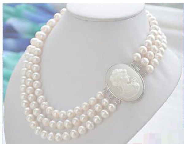 

new 3row 10mm white round freshwater pearl necklace 0300, Silver