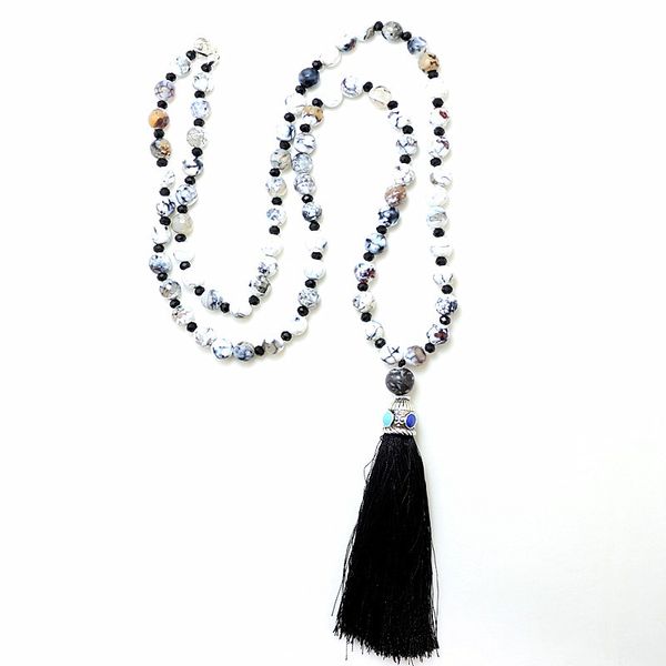 

fashion 8mm stones rosary chain black tassel pendant mala necklace handmade women natural stone bead necklace, Silver