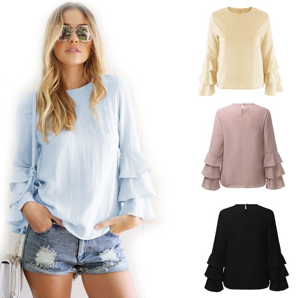 

new summer women/lady o neck flare sleeve long sleeve blouses casual tee-shirts, White