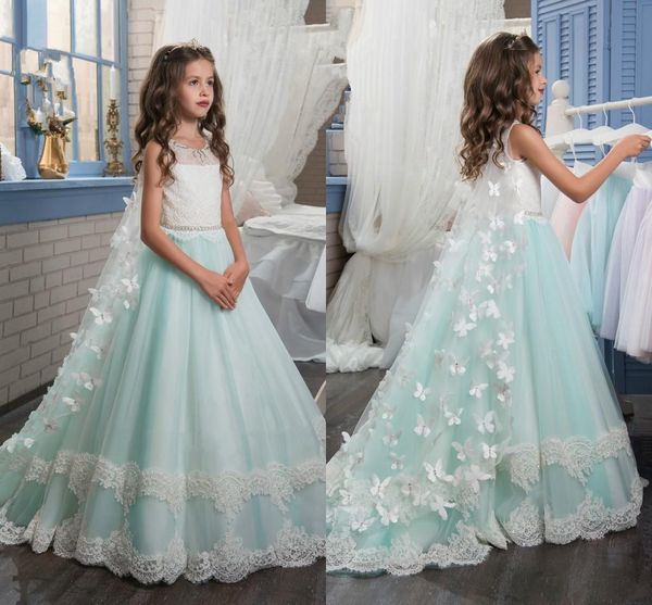 

мятно-зеленый цветок девушка платья с бабочкой обертывания бусины пояс драгоценный камень шеи длина пола-line ребенок театрализованное плать, White;blue