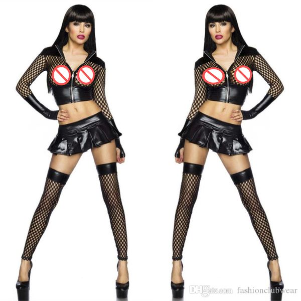 Fetisch Weibliche Sexy Bondage Dessous Set Gothic Fishnet Nähte Hohl Crop Tops Schwarz Kunstleder Minirock Exotische Kleidung