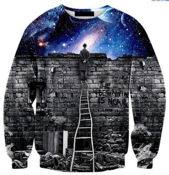 

wholesale- very popular style men's 3d sweatshirts print a person watch the space meteor shower casual stairs ladder hoodies, Black
