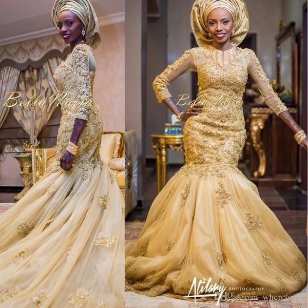 Arabische Meerjungfrau Gold Spitze Brautkleider Afrikanische nigerianische Applikationen Drei Viertelärmel Brautkleider mit Tulle Wraps