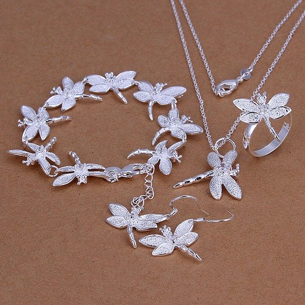 

gift inlaid dragonfly sterling silver plated jewelry set for women es328,fashion 925 silver necklace bracelet earring ring set, Black