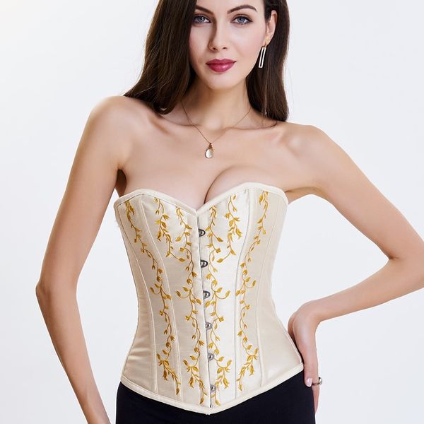 

victorian womens gothic satin sweetheart overbust leaves brocade embroidery padded slim waist burlesque dancing corset with hip panels, Black;white