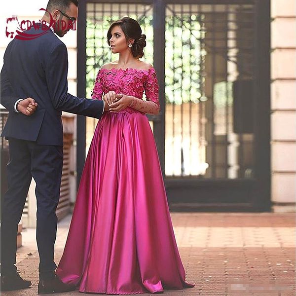

glamorous off the shoulder fuchsia evening dresses with appliques bodice satin long sleeve sweep train party gowns, Black;red