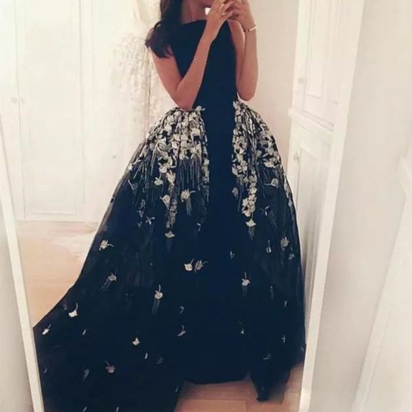 

fashion detachable over-skirt prom dresses glamorous black mermaid lace appliques party dresses tulle women formal wear evening gowns cheap