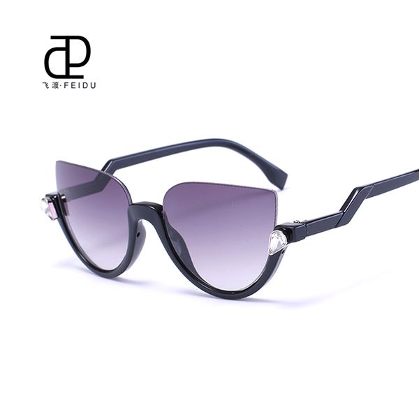 

wholesale-feidu 2016 luxury cat eye sunglasses women brand designer half frame coating mirror sun glasses for women feminino, White;black