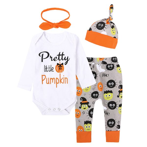 

newborn baby halloween cothes set baby boy girl pumpkin letter print romper +pants+hat+headband 4pcs cotton outfits kids clothing, White