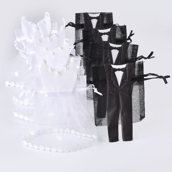 

wholesale- 50 sets organza drawstring candy bag 25* tuxedo & 25* dress bride groom wedding favors party gift bag wb06