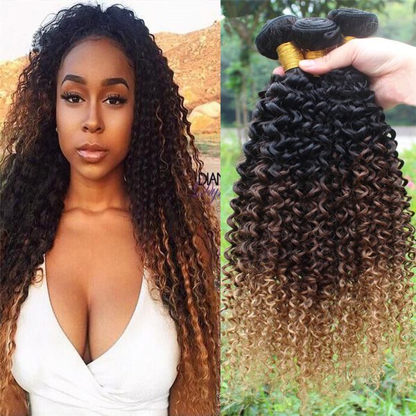 

#1b/4/27 honey blonde ombre virgin hair 3 bundles peruvian kinky curly ombre human hair weaves extensions 3pcs/lot, Black