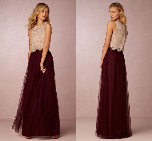 

Vintage 2020 Two Pieces Bridesmaid Dresses Lace Top Tulle Skirt Long Burgundy Prom Gowns Junior Wedding Party Gowns Custom Cheap