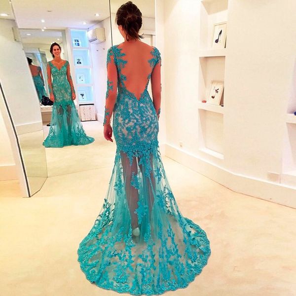 

2019 Mermaid V neck Appliques Cheap Turquoise Long Evening Party Dress Backless Long Sleeve Prom Dresses