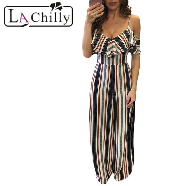 

wholesale- la chilly jumpsuit multicolor stripes frill cold shoulder jumpsuit party rompers women casual 2017 women macacao feminino, Black;white
