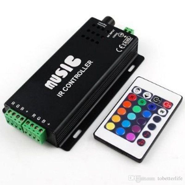 

12v-24v 12a sound activated music controller black color with 24key ir remote control 144w 2 ports output for rgb led strip
