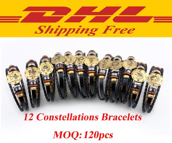 DHL frete grátis 12 Constelações Pulseira 2017 Nova Moda Jóias Pulseira De Couro Dos Homens Personalidade Casual Signos Do Zodíaco Do Punk Pulseira