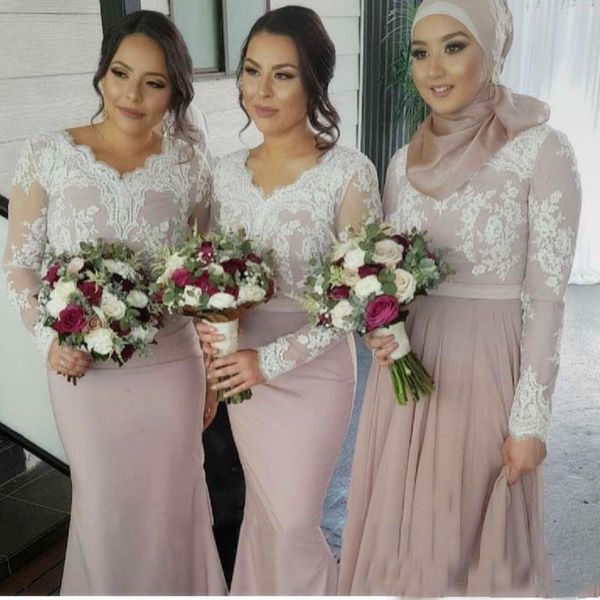 Vestidos de dama de honra 2017 Para Casamentos Muçulmano V Sereia Pescoço Mangas Compridas Apliques de Renda Branca Trem Da Varredura Plus Size Vestido de Dama De Honra Formal