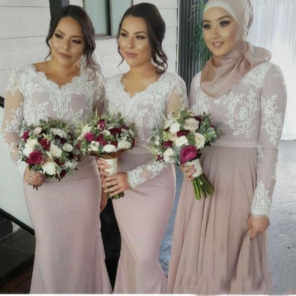 

bridesmaid dresses 2017 for weddings muslim v neck mermaid long sleeves white lace appliques sweep train plus size formal maid of honor gown, White;pink