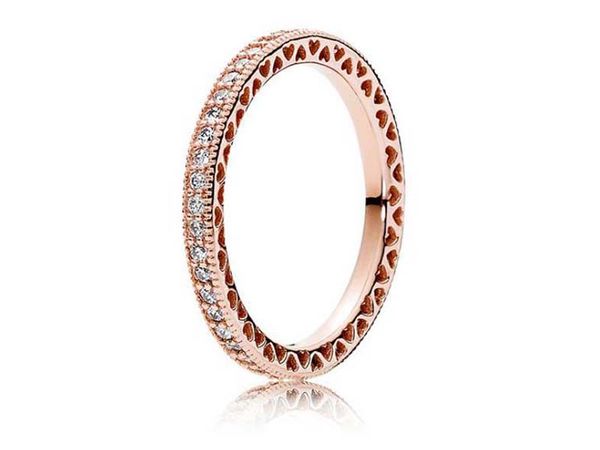 Ring aus 925er-Sterlingsilber mit Rosévergoldung, Herzen im europäischen Pandora-Stil, Schmuck-Charm-Ring-Geschenk