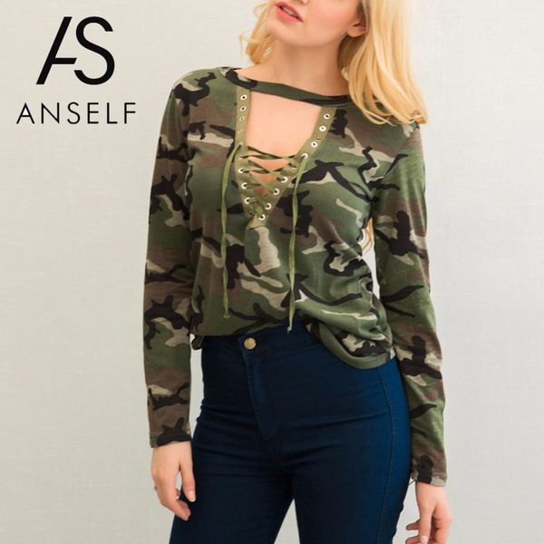 

wholesale- anself fashion camouflage print women v neck long sleeve t shirt femme lace up t shirt women tee shirt camiseta mujer, White