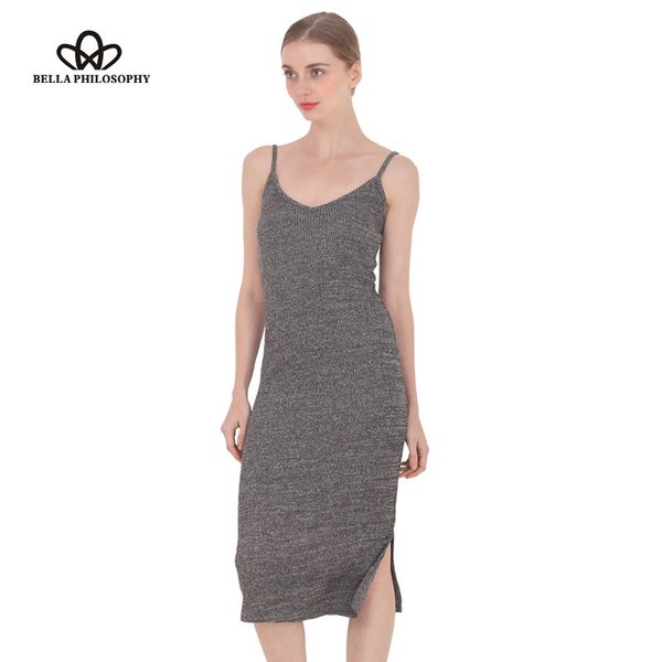 

wholesale- 2017 spring summer autumn new women's side split v-neck slim knitted cami dress cotton highly stretchy 9 colors gray wine re, White;black