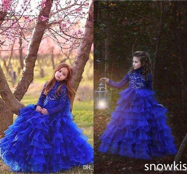 

royal blue princess flower girls dresses high neck long sleeves organza tiered girls pageant gowns first communion wear for weddings, White;blue
