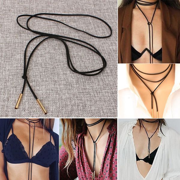 

new arrival fashion charm bohemia pu black leather choker necklace jewelry long tassel adjustable pendants necklaces black chokers, Golden;silver