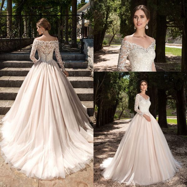 

2017 spring vintage champagne tulle a line wedding dresses sheer long sleeve lace appliqued v neck illusion back bridal gown with buttons, White