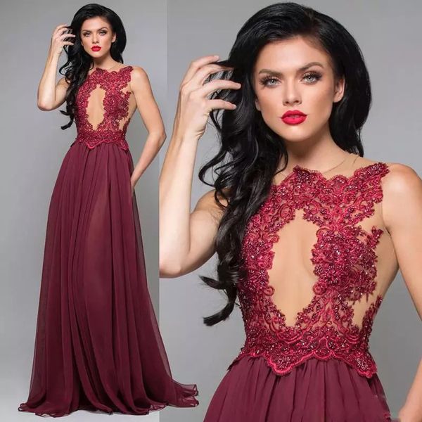 

Sexy Prom Dresses 2020 front Hollow Beading Appliqued Burgundy Chiffon Long A Line Draped Lace Evening Party Gowns Plus Size Custom Made