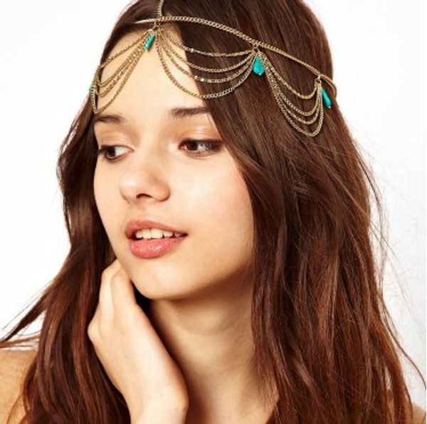 

turquoise tassel forehead band chain for women bohemian national style metal head chain gold tone headband chain forehead dance headbands, Silver