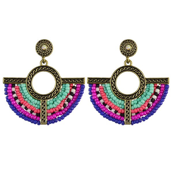 

idealway bohemian rose blue brown vintage silver bronze plated carving flower resin beaded fan-shaped stud dangle earrings, Golden