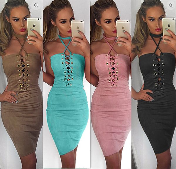 

Tight Bodycon Bandage Lace Up Strapless Sleeveless Halter Sexy Pinafore Mini Short Dress Party Evening Club Cocktail Party Dresses Clubwear