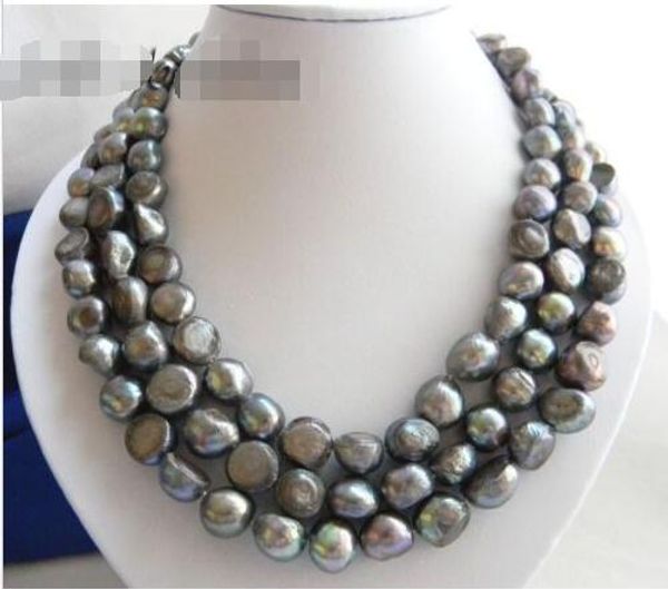

3strands 18'' 12mm baroque gray freshwater pearl necklace, Silver